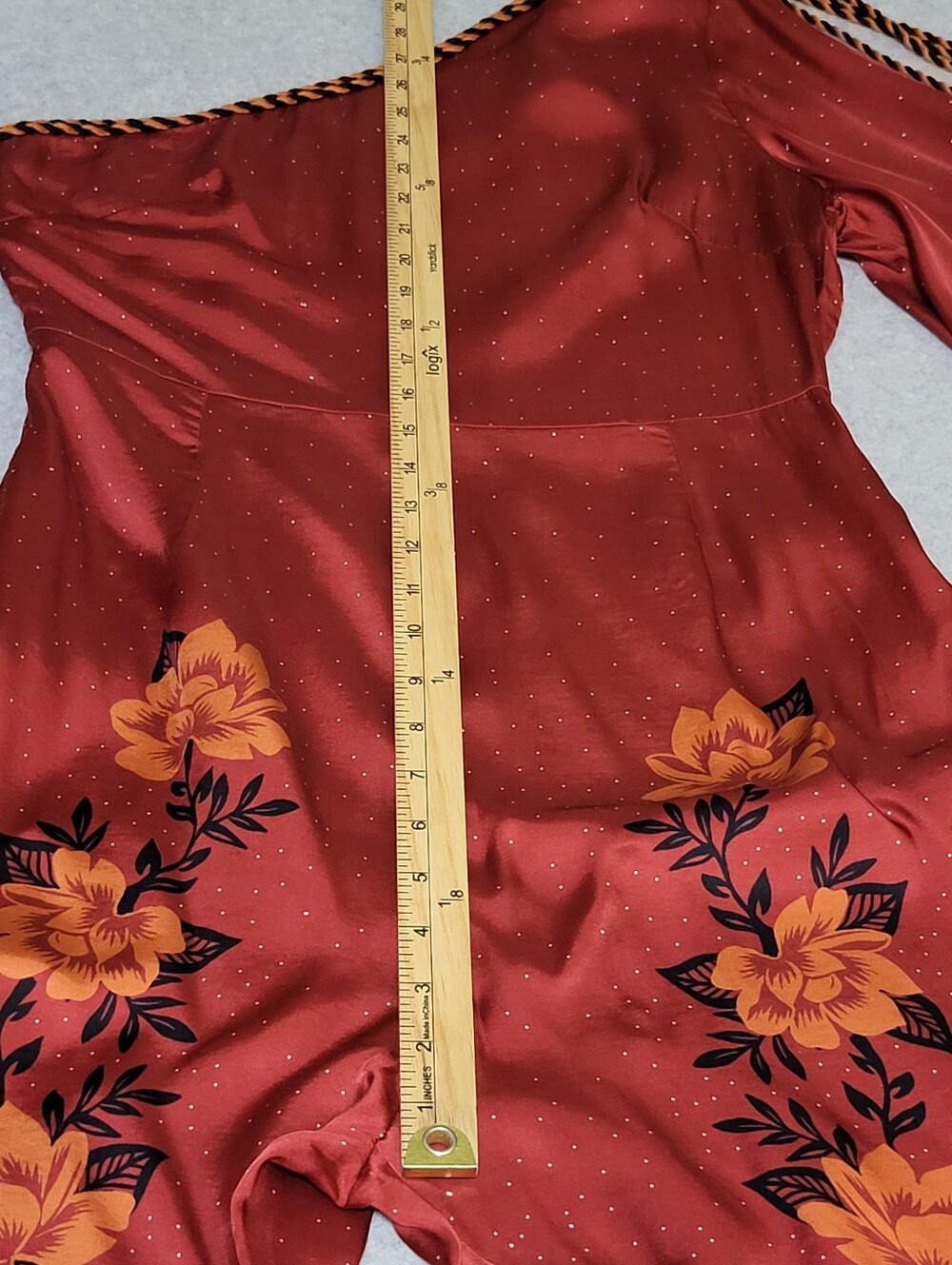 Farm Rio Anthropologie One Shoulder Jumpsuit Sz M Red Floral Satin Boho Festival - Picture 15 of 16